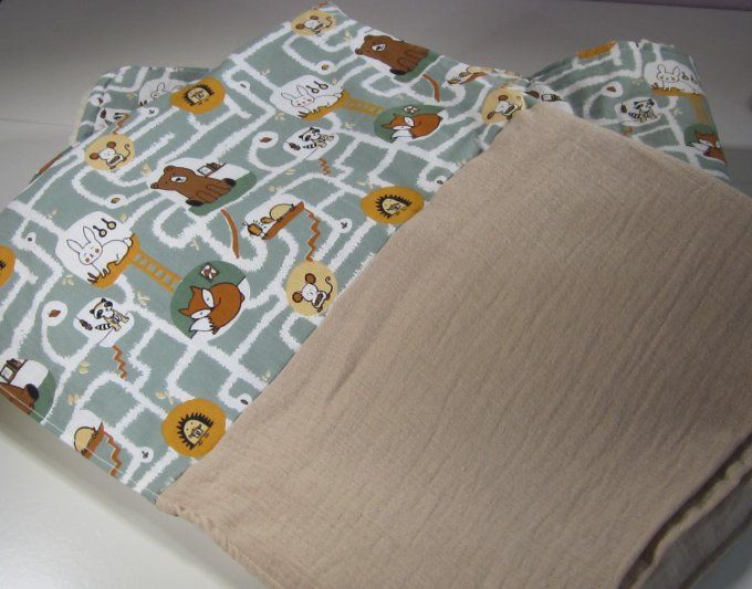 couverture bébé, motif ours, tissu coton et fausse fourrure sherpa et couverture double gaze