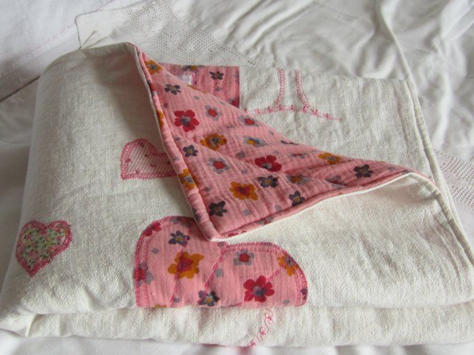 Couverture lin lavé/ double gaze -appliqué brodés