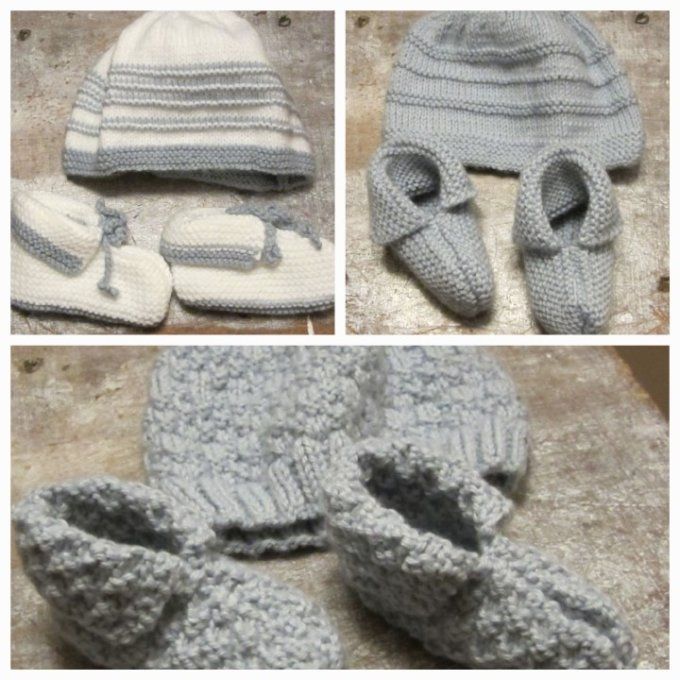 Bonnet & bottons tricotés main - 3 séries (vert amande)