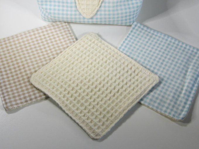 Corbeille avec lingettes en tissu nid d'abeille  et tissu coton vichy, 2 modèles