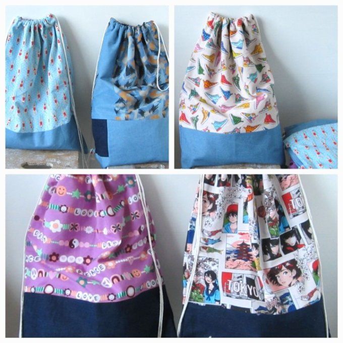 sac à dos à cordon coulissant- taille L - coton à motifs