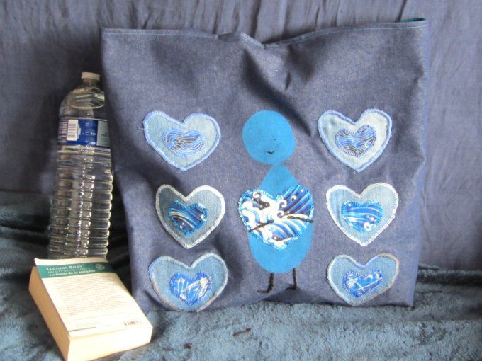 sac textile "Cœurs indigos" - peint à la main et appliqués brodés