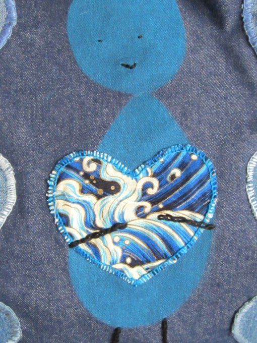 sac textile "Cœurs indigos" - peint à la main et appliqués brodés
