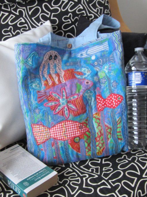 Sac textile "Océan" - peint à la main et appliqués brodés